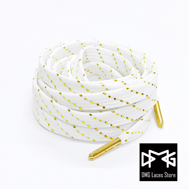 white flat laces with gold tips
